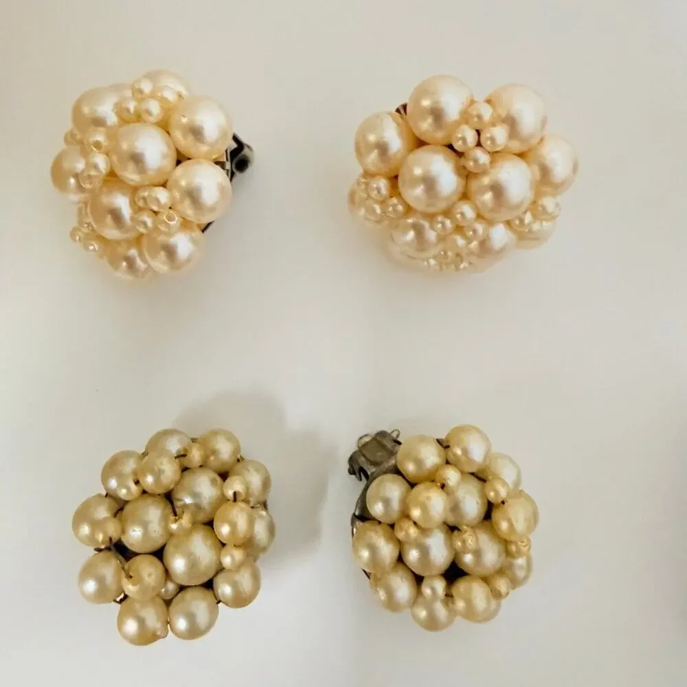 Lot of 15 Hong Kong Japan Cluster Flower Faux Pearl Shell Bead Clip On Earrings